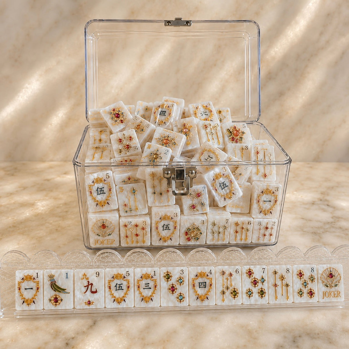 Pearl White & Golden Cat American Mahjong Tiles- Luxury Acrylic Mahjong Set