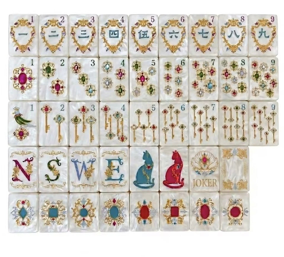 Limited Edition Mother of Pearl Mahjong Tiles: Engraved Golden Motif Set