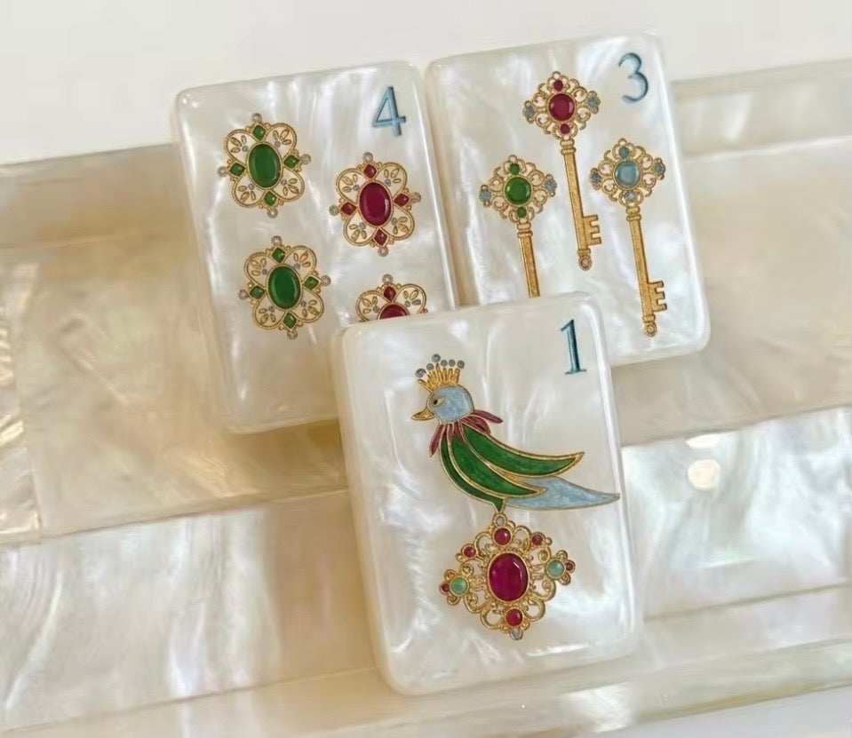 Limited Edition Mother of Pearl Mahjong Tiles: Engraved Golden Motif Set