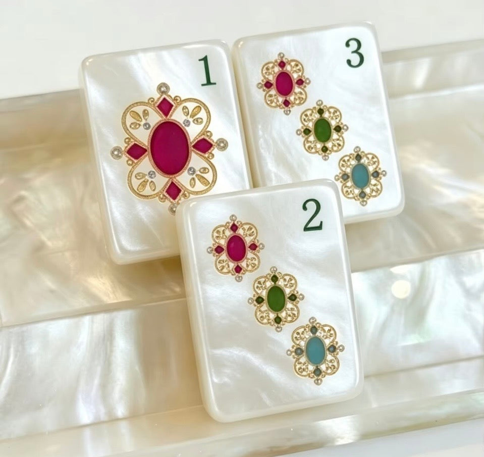 Limited Edition Mother of Pearl Mahjong Tiles: Engraved Golden Motif Set