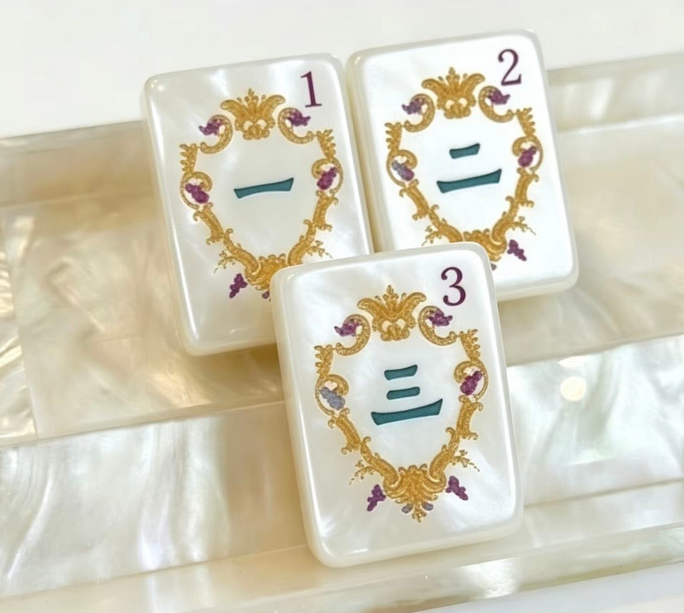 Limited Edition Mother of Pearl Mahjong Tiles: Engraved Golden Motif Set